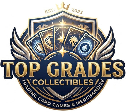 A circular brand emblem for Top Grades Collectibles, featuring gold and navy blue winged shield design with trading card graphics and the text 'TOP GRADES COLLECTIBLES' on a white background.