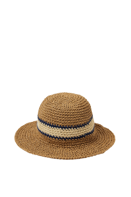 Woven Straw Hat with Wide Brim, Natural Brown and Blue Band