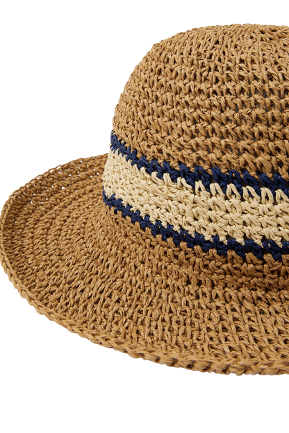 Woven Straw Hat with Wide Brim, Natural Brown and Blue Band