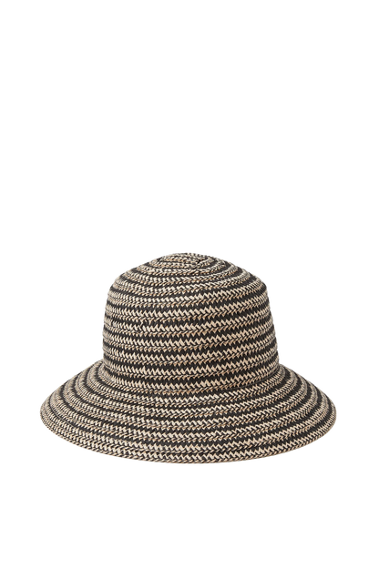 Woven Straw Bucket Hat with Wide Brim, Black and Beige Pattern